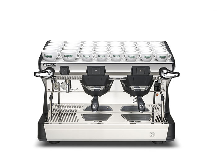 This image is a front view of the Rancilio Classe 7 2 group espresso machine in Anthracite Black, with traditional brew group height and semi-automatic dosing controls.