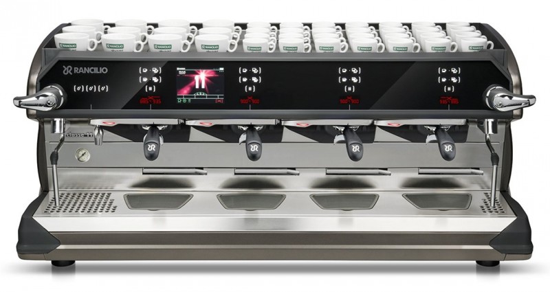 This image is a front view of the Rancilio Classe 11 Xcelsius tall in frozen bronze, 4 groups with a taller group area and volumetric dosing controls.