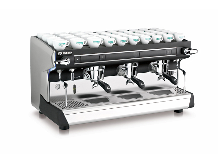 This image is a front-side view of the Rancilio Classe 9 S espresso machine in 3 groups at traditional height with semi-automatic dosing controls.