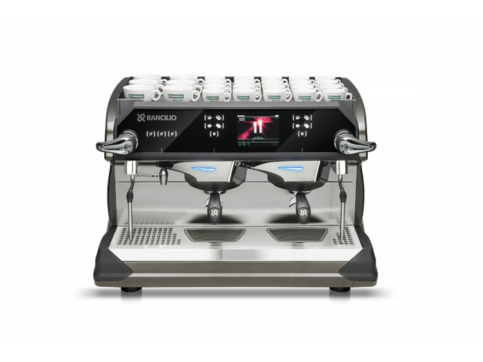 This image is a front-side view of the Rancilio Classe 11 USB espresso machine in Frozen Bronze with 2 groups at traditional height and volumetric dosing controls.