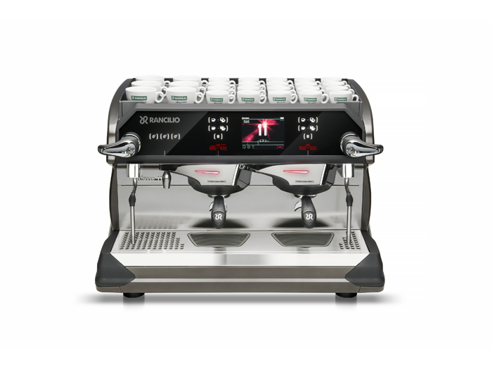 This image is a front view of the Rancilio Classe 11 Xcelsius in frozen bronze, 2 groups at traditional height and volumetric dosing controls.