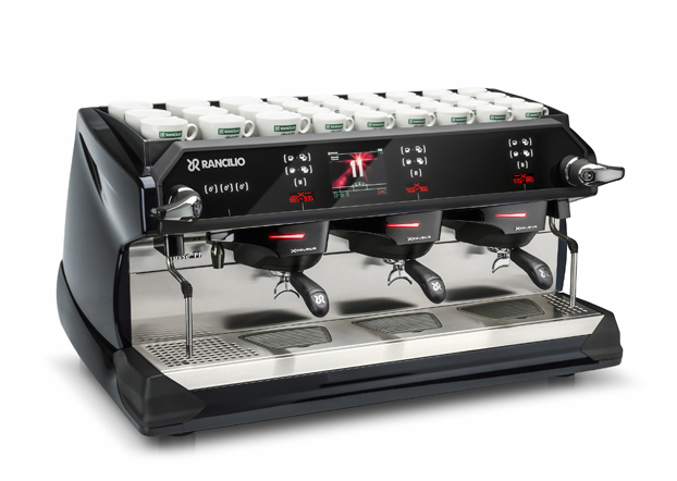 This image is a front-side view of the Rancilio Classe 11 Xcelsius in midnight blue, 3 groups at traditional height and volumetric dosing controls.