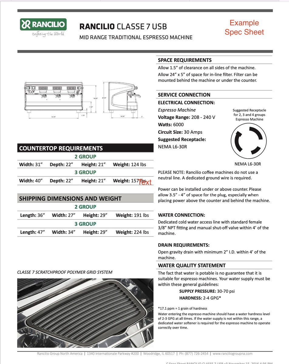Example Spec Sheet for Commercial Espresso Machine